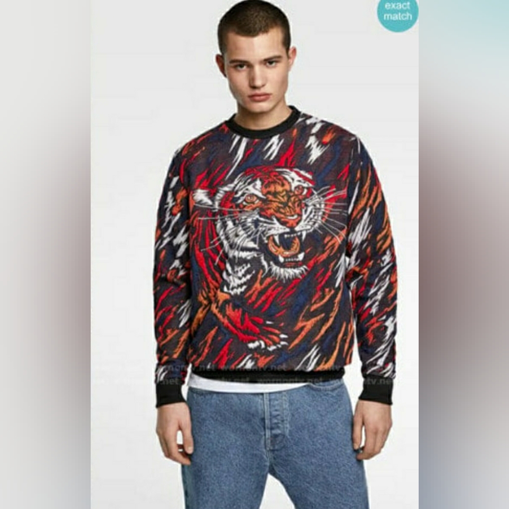 Vintage ZARA Quilted Jacquard TIGER KING Animal ART Print Crew Neck Sweater - L